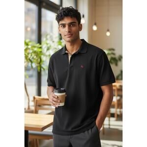 Dark Grey Burberry Polo, Novo Check Inner Collar -- Size M